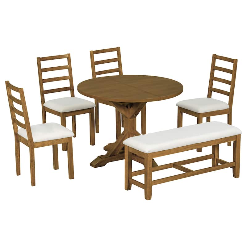 Farmhouse 6-Piece Extendable Dining Table Set with Removable Leaf and Versatile Dining Bench
