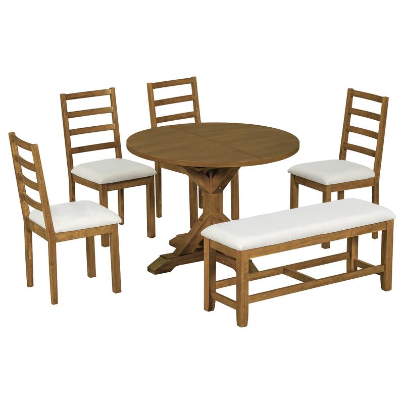 Roomfitters 6-Piece Dining Table Set, Oval Wood Kitchen Table, X-Base Pedestal, 4 Upholstered Chairs & Bench