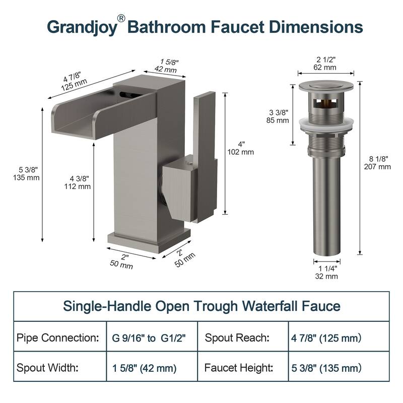 GRANDJOY LED Waterfall Bathroom Sink Faucet with Drain Assembly, Single Handle Vanity Fixture