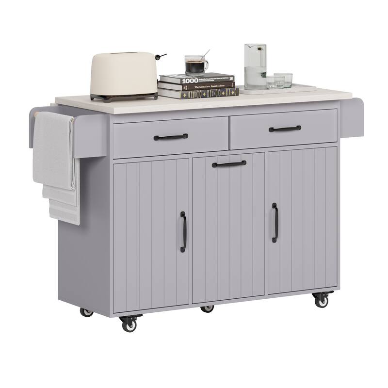 Rolling Kitchen Island wTrash Can Storage Cabinet & Adjustable Shelf, Wood Cupboard Spice Storage Cabinet wDrop Leaf, Towel Rack