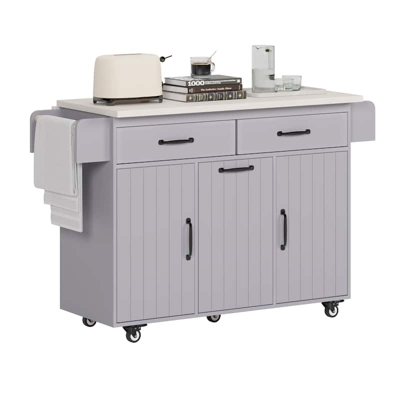 Rolling Kitchen Island with Trash Can Storage Cabinet, Kitchen Cart with Drop Leaf, Spice Rack, Towel Rack and Drawer