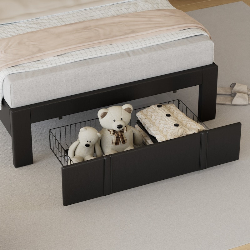 Javlergo 2-Piece Twin Bed Frame Set 39.4-45.3" Adjustable Height PU Leather Headboard with Diamond Embellishment Storage Drawer