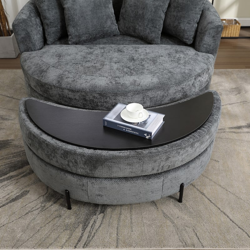 Modern Sofa Chair Round Accent Barrel Chair With 5 Pillows and Storage Ottoman