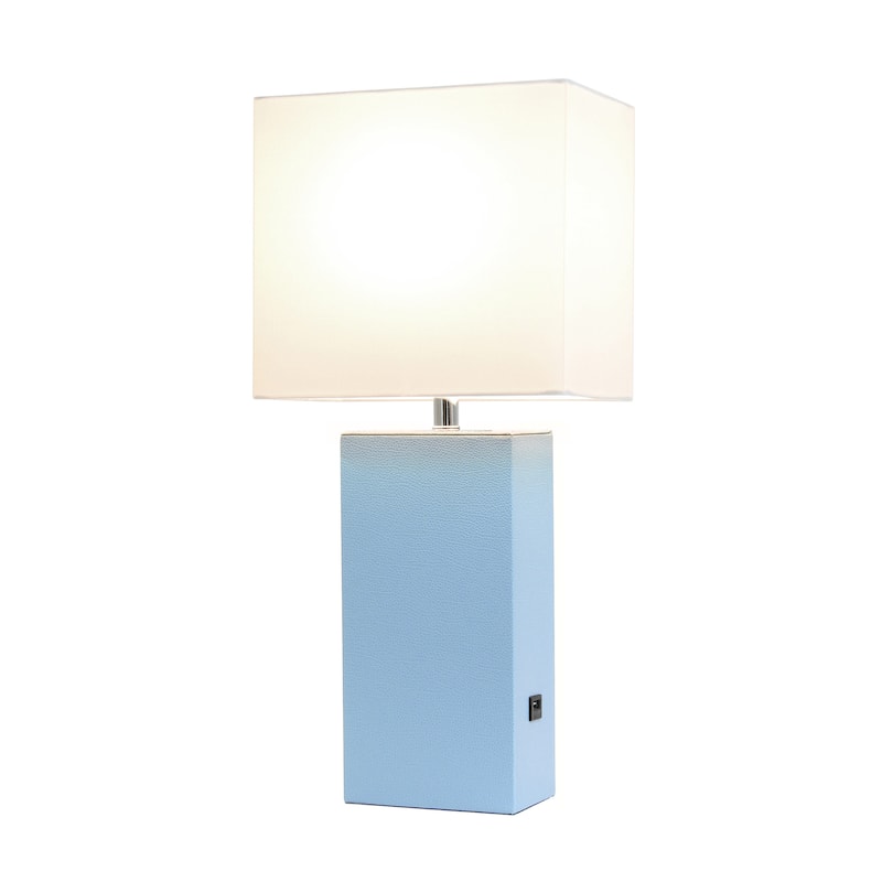 Modern Leather Table Lamp with USB and White Fabric Shade