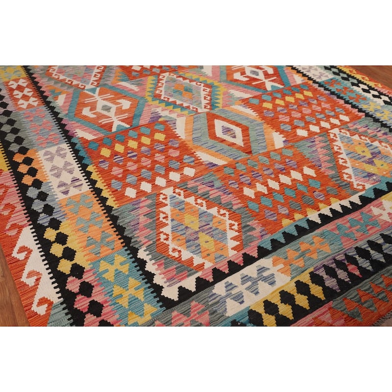 Geometric Kilim Oriental Area Rug Flatweave Orange Wool Carpet - 8'0" x 11'5"