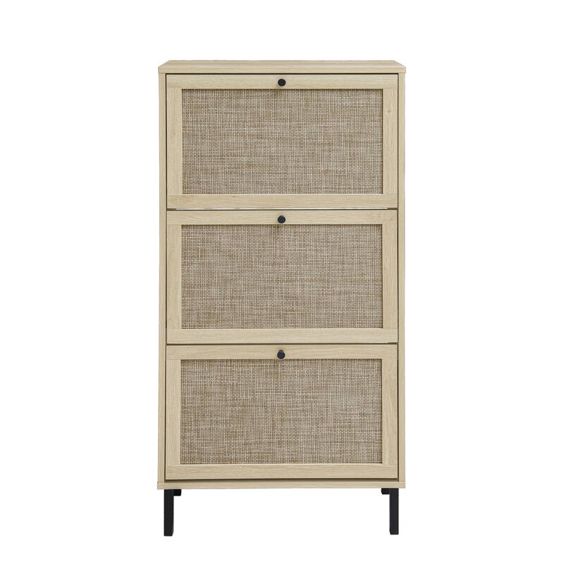 Shoe Storage Cabinet with 3 Flip Drawers, Freestanding 3-Tier Shoe Rack, Slim Shoe Organizer with Half Round Woven Rattan Doors