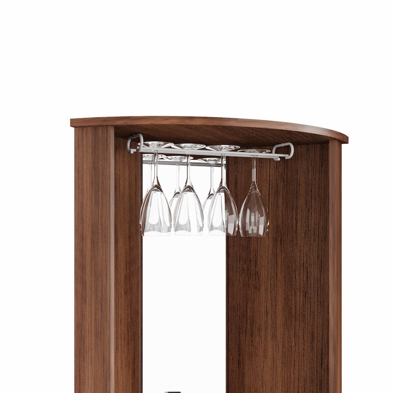 Brown Corner Bar Cabinet with Glass Rack, 2 Doors & Open Shelves