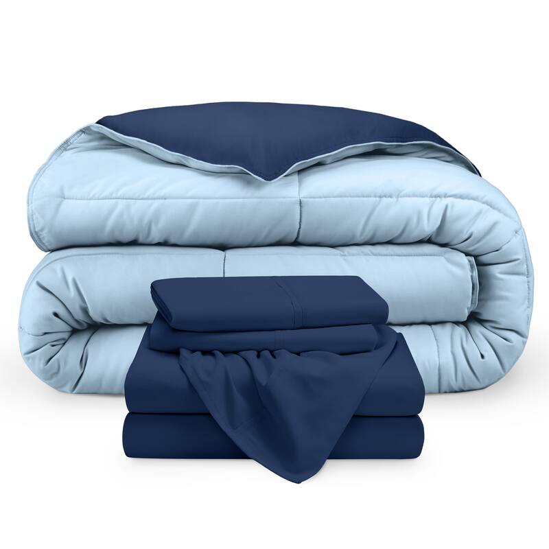 Bare Home Down Alternative Reversible Bed-in-a-Bag - Dark Blue/Light Blue, Sheets: Dark Blue - Queen