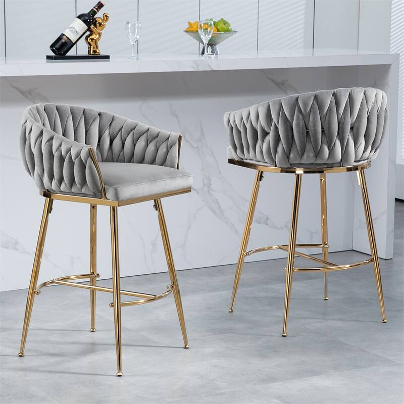 Velvet Counter Height Bar Stools with Legs and Footrest,Set of 2