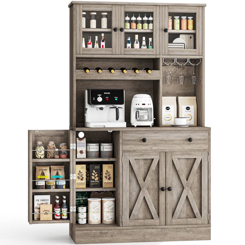 Moasis 71''H Kitchen Pantry Storage Cabinet with Power Outlet Tall Cabinet with Doors Shelves & Drawer Buffet Cabinet - Grey