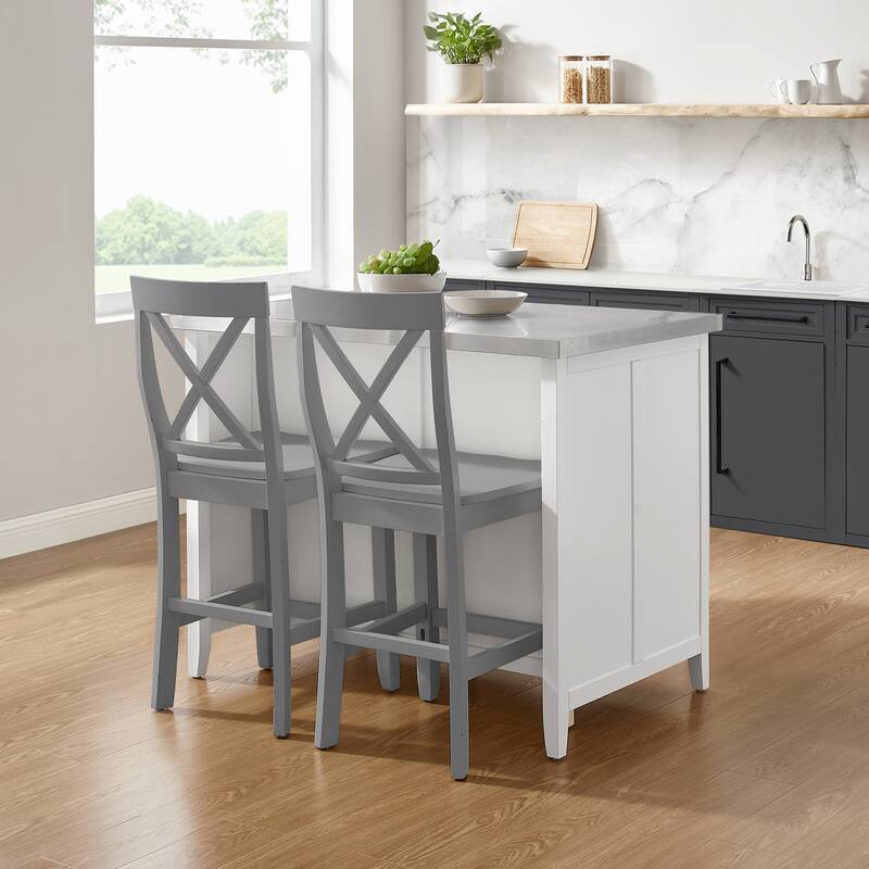 Crosley Silvia Stainless Steel Top Kitchen Island W/X-Back Stools - 57"d x 46"w x 41"h