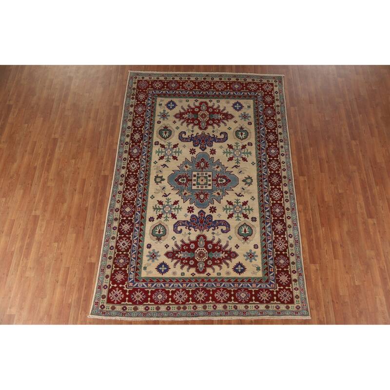Hand Knotted Oriental 100% Wool Carpet Traditional Geometric Beige & Ivories Kazak Area Rug - 10' 1'' X 6' 7''