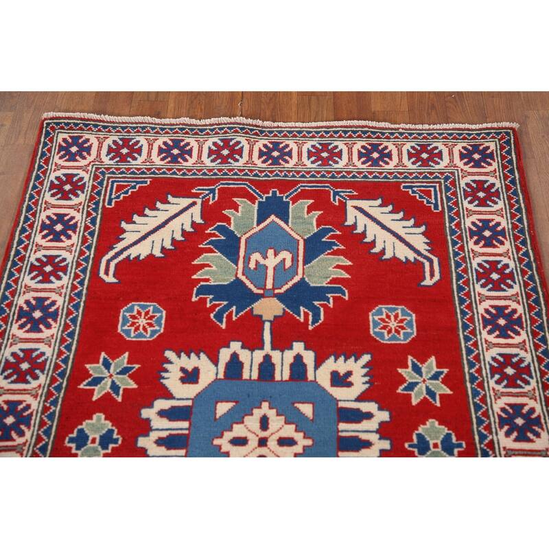 Geometric Red Kazak Accent Rug Handmade Traditional Wool Carpet - 3'4"x 4'11"