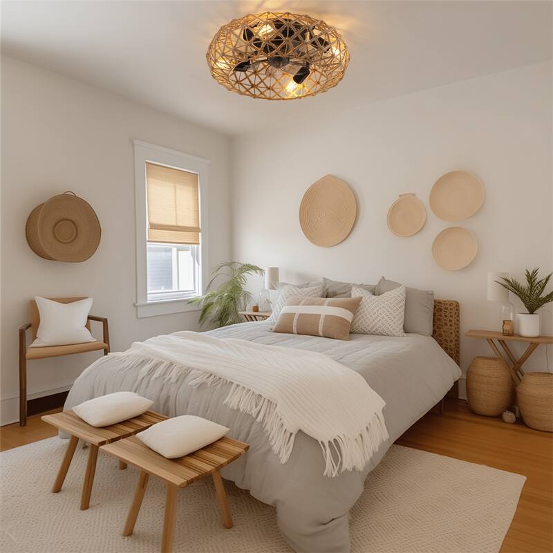 Ceiling-mounted Jute Rope Fan Light Strip with 4 Bulbs and Dimmable, Reversible DC Motor