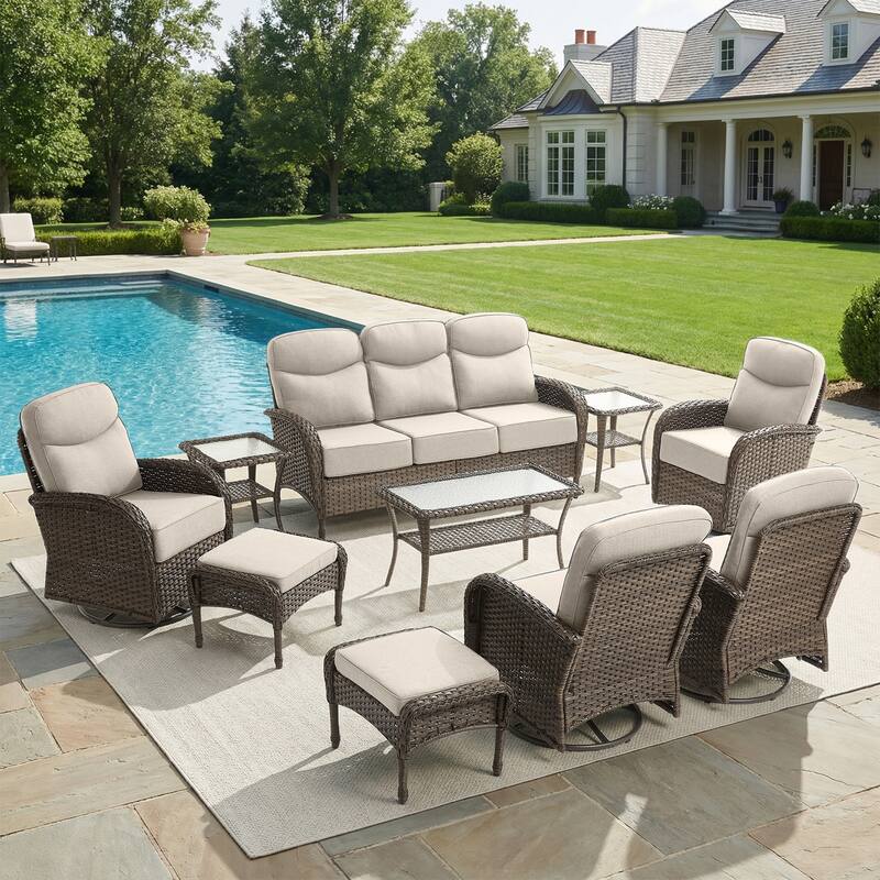 Pocassy Outdoor Wicker Patio Sofa with Swivel Chair Ottoman Sets - Brown Wicker Beige Cushion - 10-Piece Sofa Swivel Chair Ottoman with Table