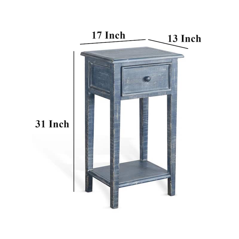 Rena Side End Table with 1 Drawer, 17 Inch Rustic Blue Mahogany Wood