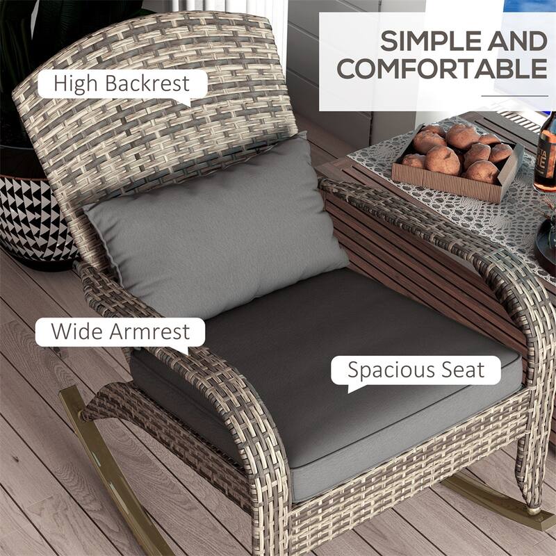 Adirondack Rocking Chair Outdoor PE Rattan with Cushions Steel Frame Patio Garden Porch - 26" W x 35" D x 38.5" H