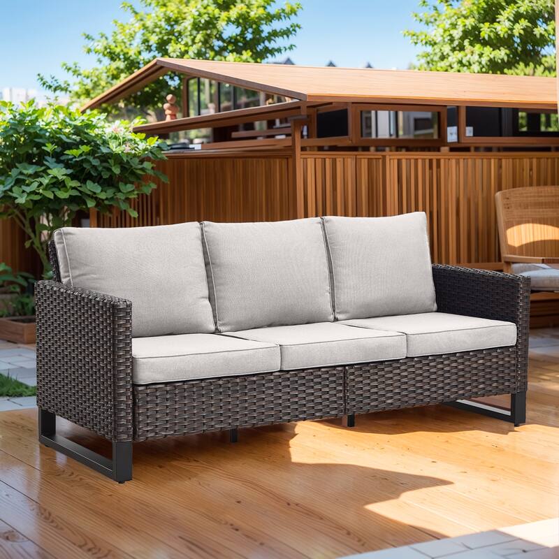 Outdoor Sectional Wicker Sofa with Cushions - Brown - Beige