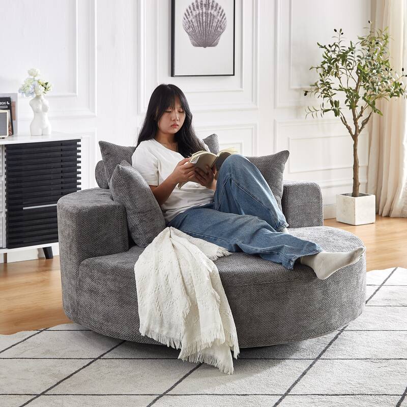360 Degree Swivel Sofa Chair with Backrest Pillow for Livingroom 55'' Chenille Single Sofa, Round Fluffy Sleeper Sofa - Grey