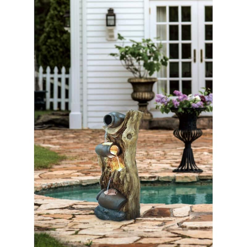 12.4x11.6x37.8" Decorative 3 Tier Tree Trunk Fountain with Lights and Pump, Brown