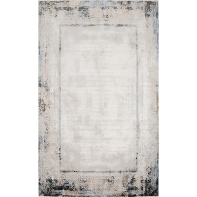 Machine Made Oriental Polyester Carpet Geometric Greys & Charcoal Distressed Area Rug - 7' 5'' X 5' 2''