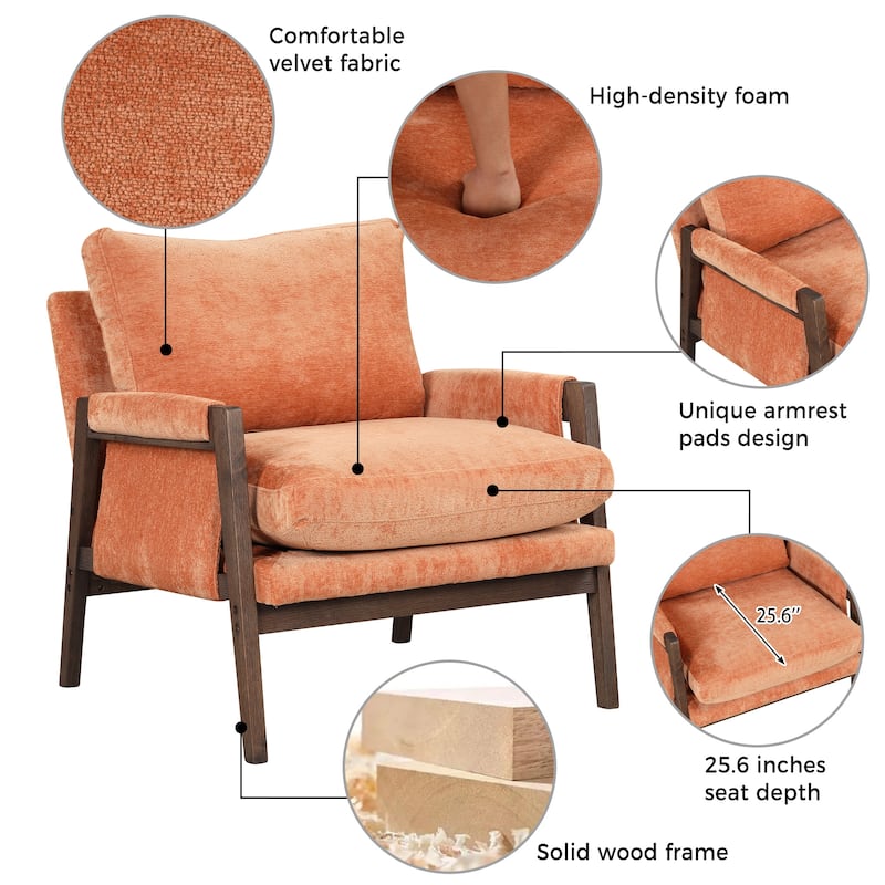 Mid-Century Velvet Accent Chair, Modern Leisure Chair with Solid Wood Leg and Thick Seat Cushion for Living Room, Bedroom