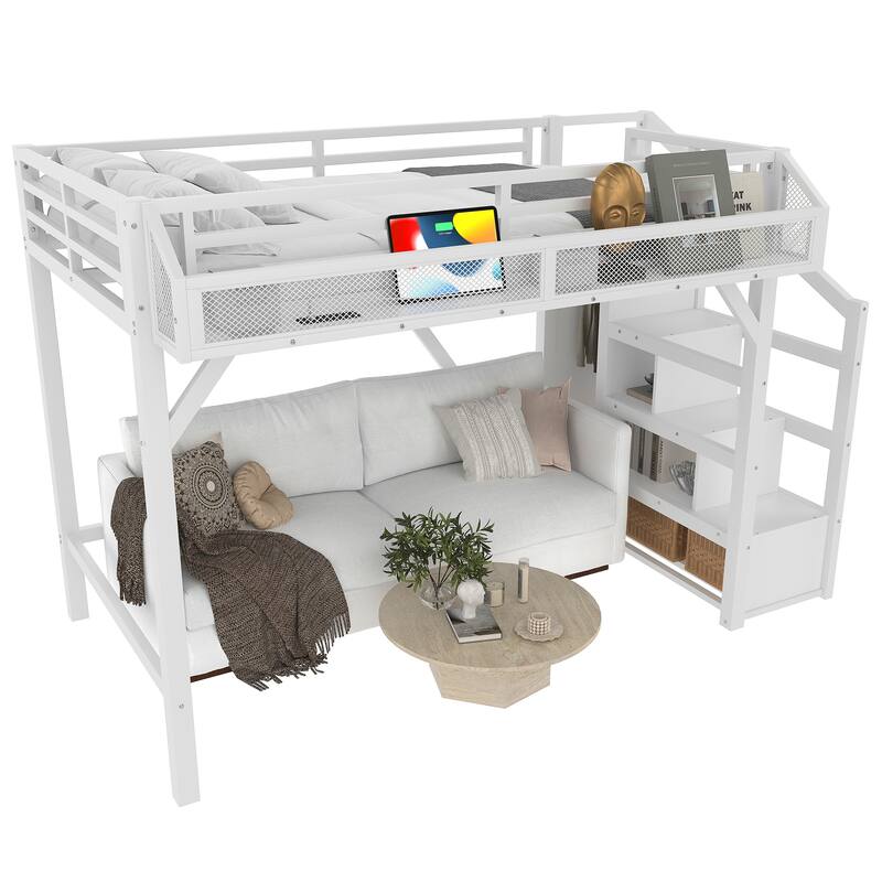 Twin XL Loft Bed with Storage Stairs, Shelves and Built-in Wardrobe, Metal Loft Bed Frame with USB Ports and LED Lights