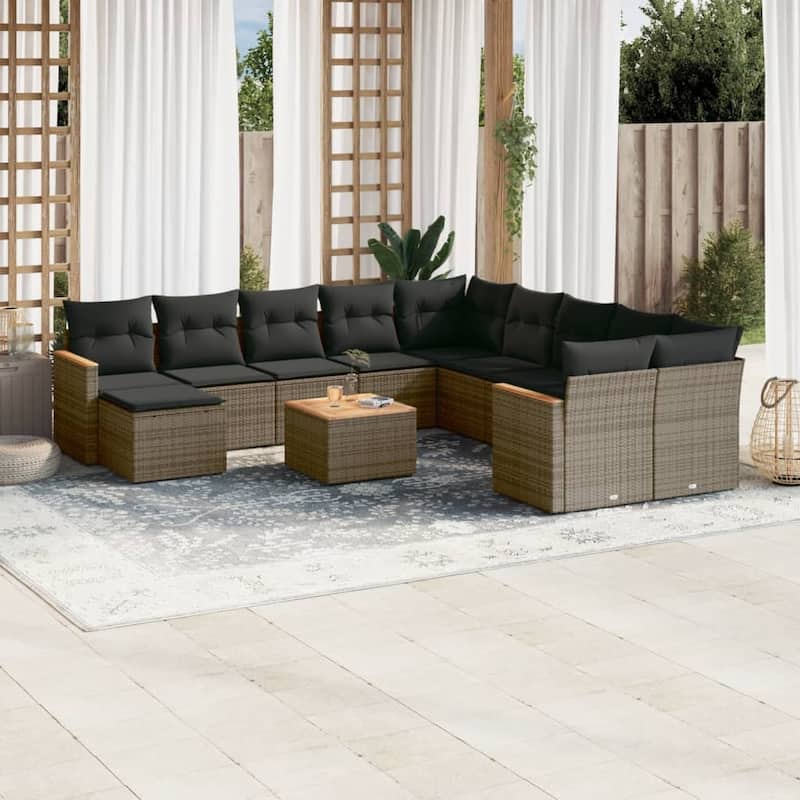 vidaXL Patio Sofa Set with Cushions Outdoor Conversation Furniture Poly Rattan - 24.4 x 24.4 x 27.2 in - Gray with table