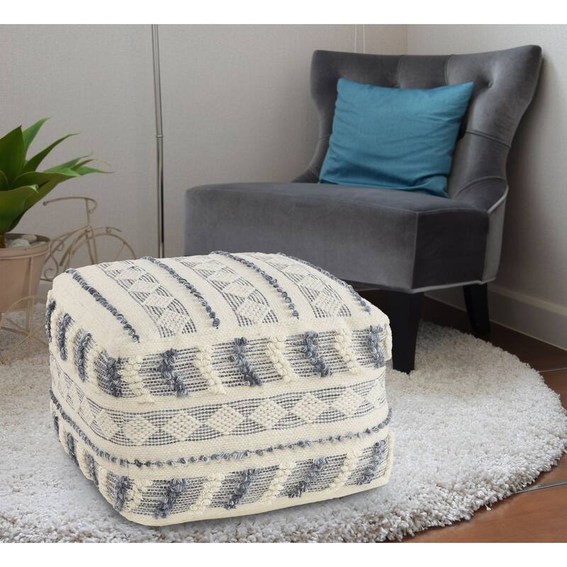 18" Cream and Navy Geometric Tufted Square Wool Pouf Ottoman