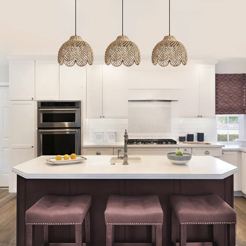 3 Pack hanging light vintage dining room light rattan pendant light