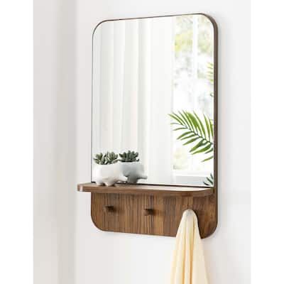 Hollow Modern Walnut Wall Mirror with Shelf and Hooks