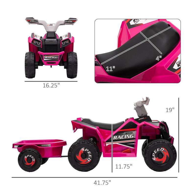 Kids ATV Quad Car with Back Trailer, 6V Kids Electric Car with Forward Backward Function, Wear-Resistant Wheels for Toddlers