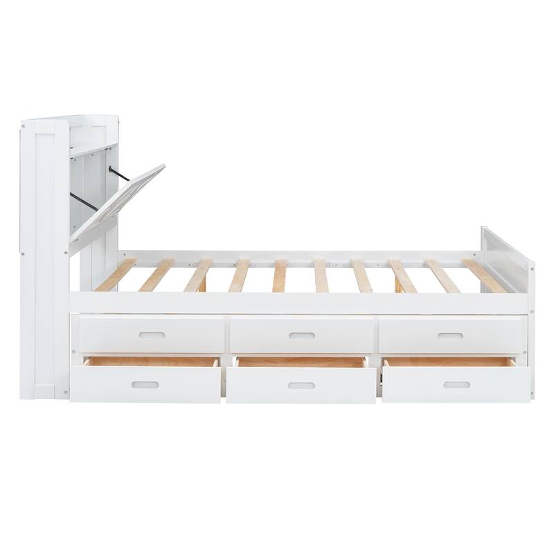 Full Size Wooden Storage Bed with Headboard Outlets, Extendable Trundle and Three Drawers, White