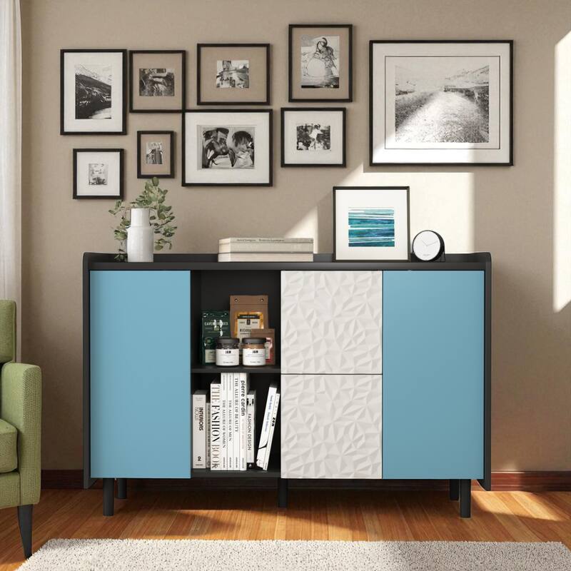 Modern Black Sideboard Buffet Cabinet with Doors, 2 Drawers, and Open Storage for Kitchen or Dining Room - Black Blue