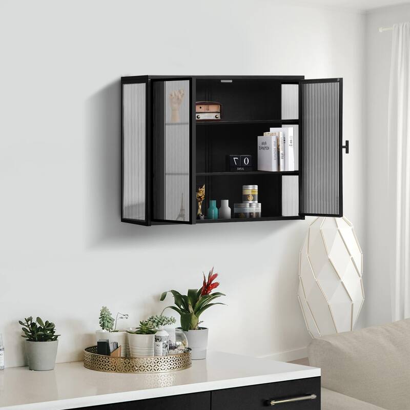 27.56"Glass Doors Modern Two-door Wall Cabinet with Featuring Three-tier Storage for Entryway Living Room Bathroom Dining Room