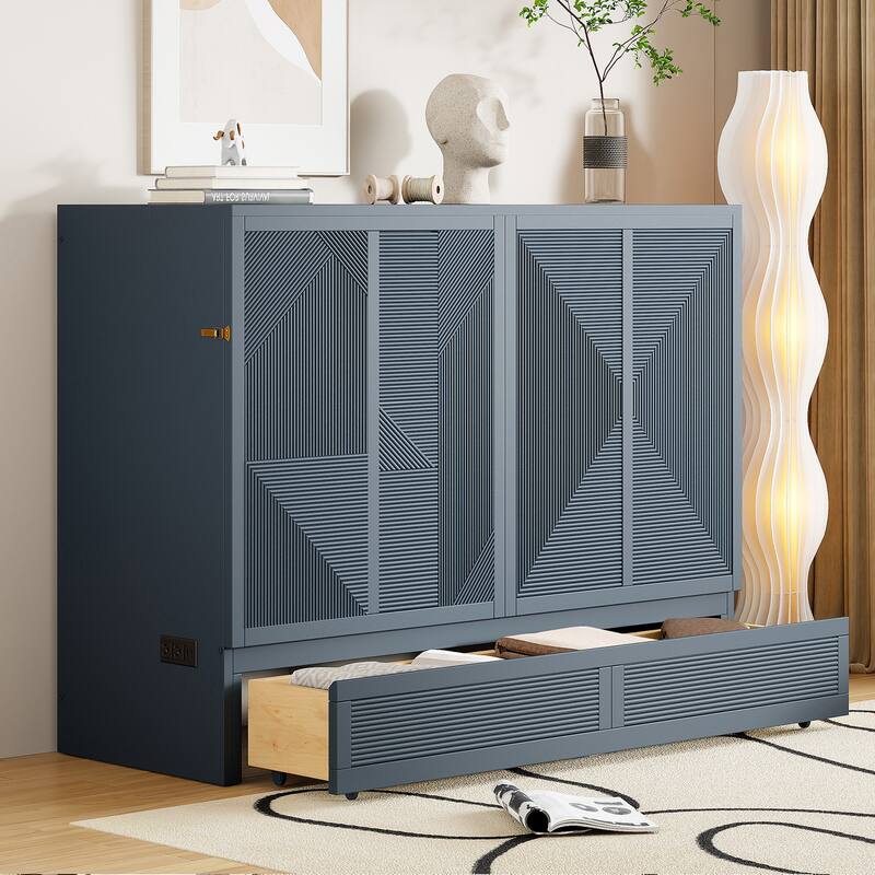 Space-Saving Full Murphy Bed with USB Charging Ports, Large Drawer & Outlets