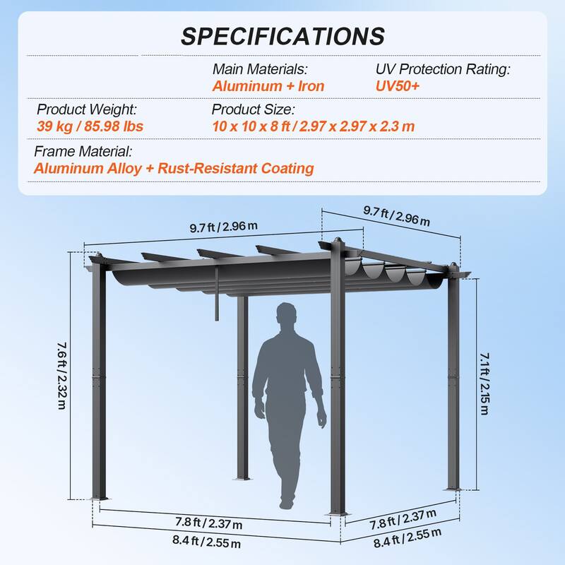 10 x 10 Feet Outdoor Retractable Pergola with Sunshade Canopy and Heavy-Duty Aluminum Frame