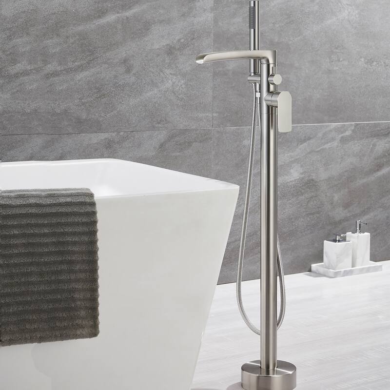 Brushed Nickel Double Handle Floor Mounted Freestanding Tub Filler with Handshower