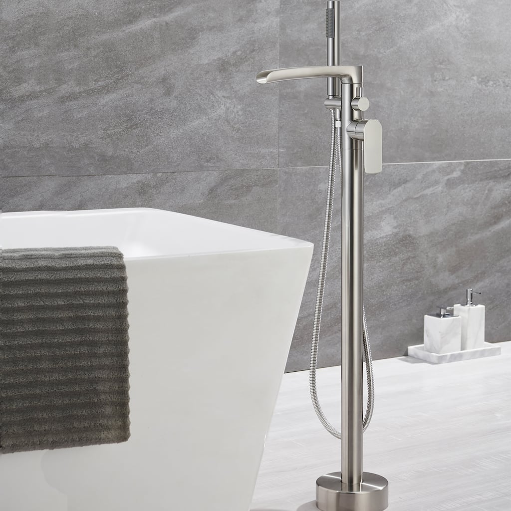 Brushed Nickel Double Handle Floor Mounted Freestanding Tub Filler with Handshower