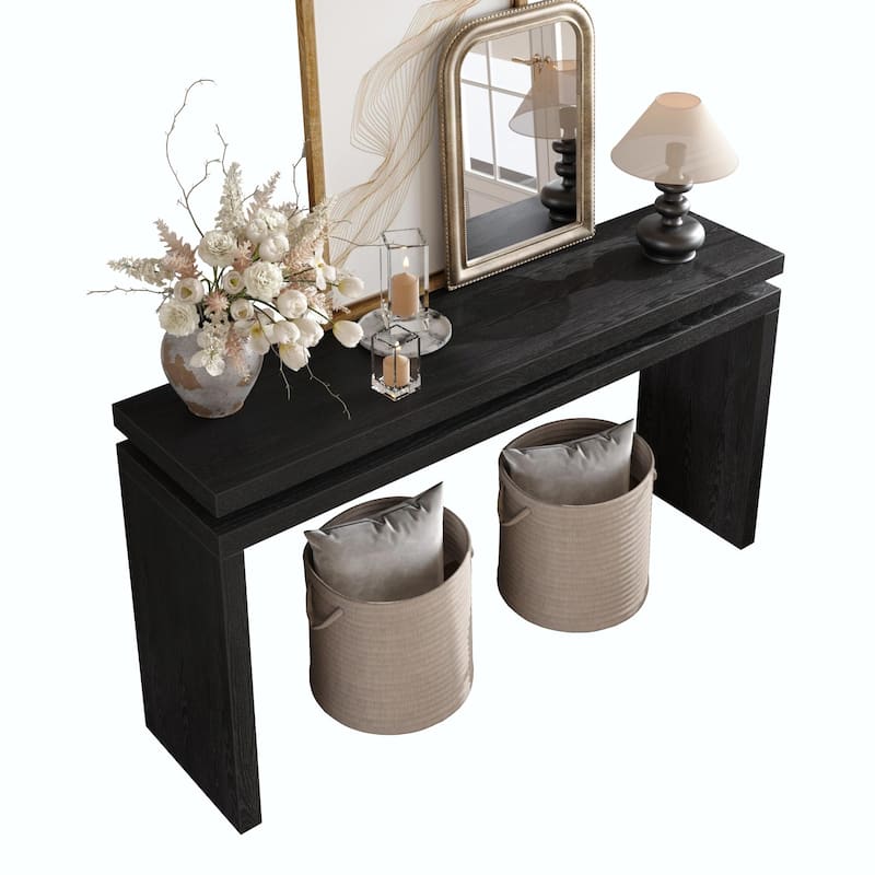 60'' Farmhouse Console Table - Retro Wooden Entryway Table with Double Board Suspension Design