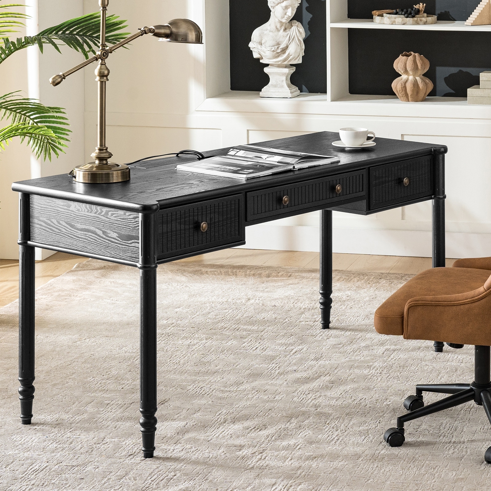HULALA HOME Derk 60''W Transitional 3-Drawer Fluted Simple Assembly Desk with Charging Station and Cable Management
