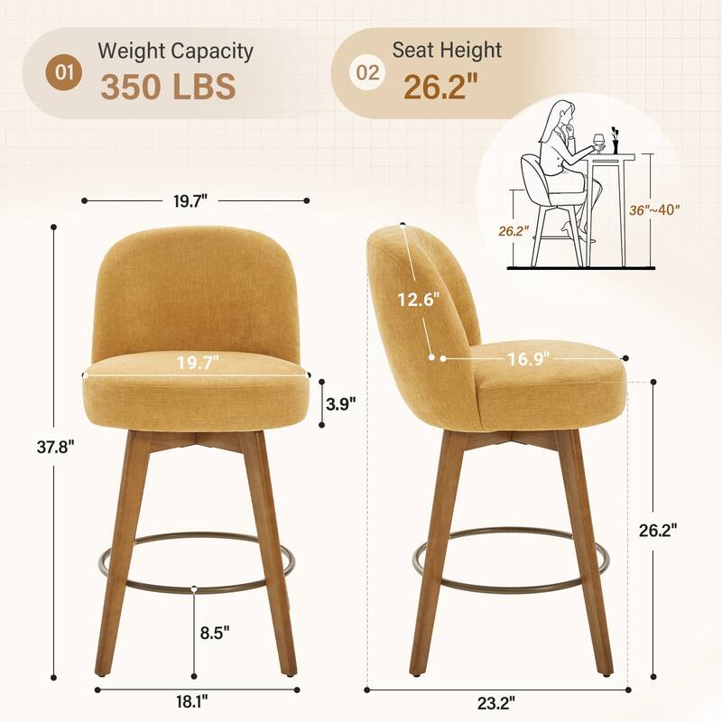 Fabric Upholstered Counter Height Swivel Bar Stools - 37.8"H x 19.7"W x 23.2"D