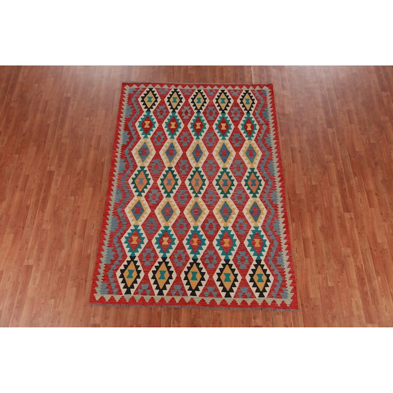 Hand Woven Oriental 100% Wool Carpet Southwestern Geometric Multi-Colored Kilim Area Rug - 8' 4'' X 5' 6''