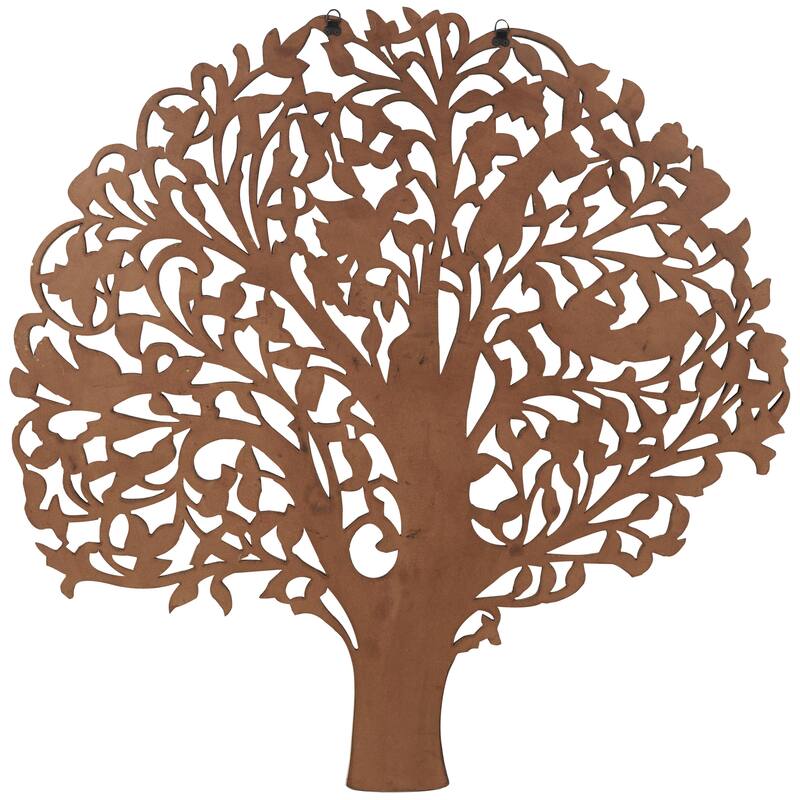 Brown Wooden Carved Tree Home Wall Decor with Animal Accents