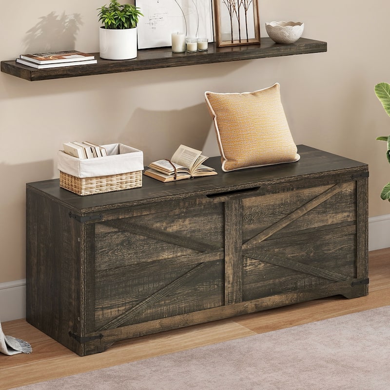 47" Storage Bench Farmhouse Storage Chest with 2 Safety Hinges for Entryway, Bedroom, Living Room