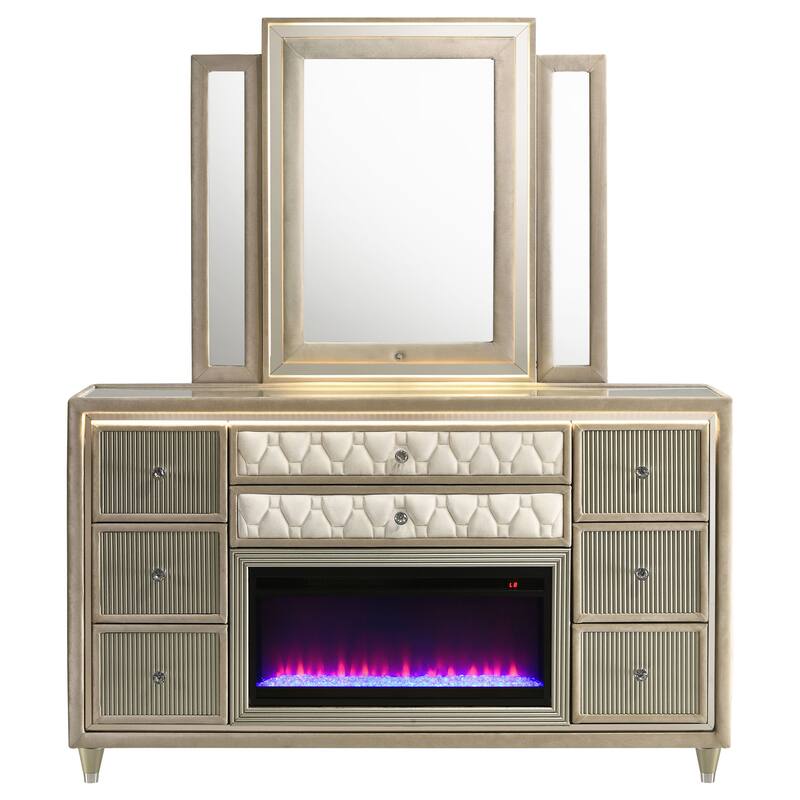 Lorient 8-drawer LED Bedroom Flame Box Dresser Ivory Camel
