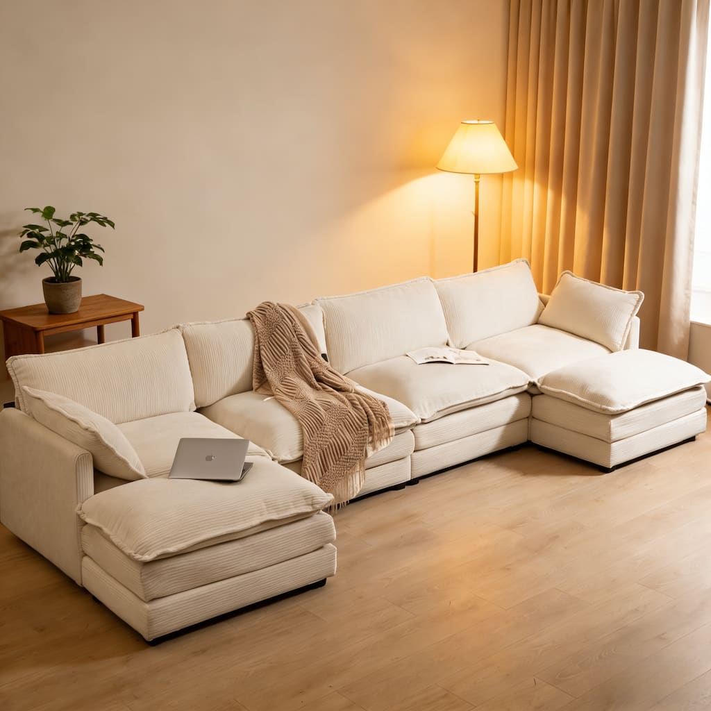 Oversized Modular Corduroy Sectional Sofa Set with Ottoman, 3-Seater / 4-Seater Deep Seat Lounge Couch for Living Room