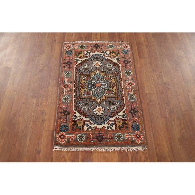 Gray Geometric Heriz Serapi Oriental Foyer Rug Handmade Wool Carpet - 2'1" x 3'1"