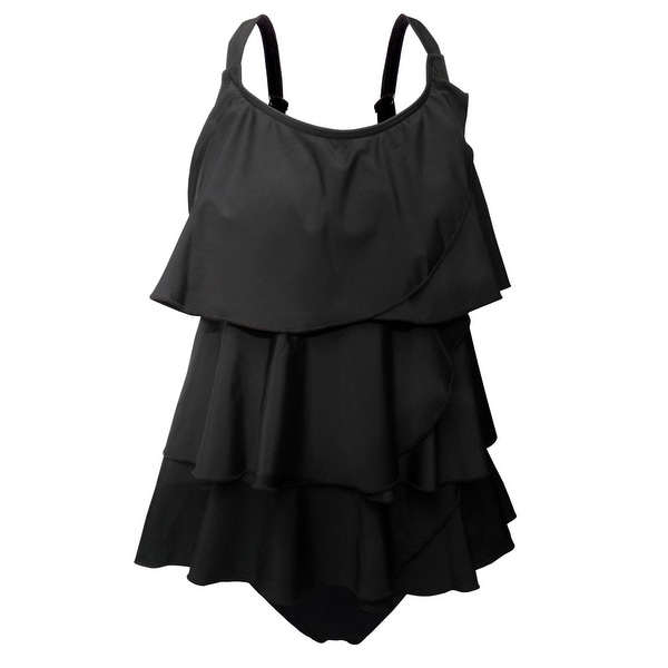 Multi-Tiered Tankini w/Adjustable Straps & Brief Bottom in Solid Black. Opens flyout.
