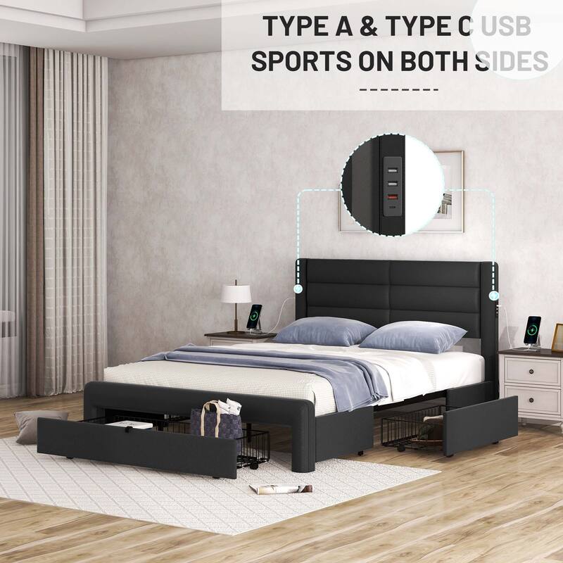 Contemporary Queen Size Black Platform Bed Frame with Builtin USB